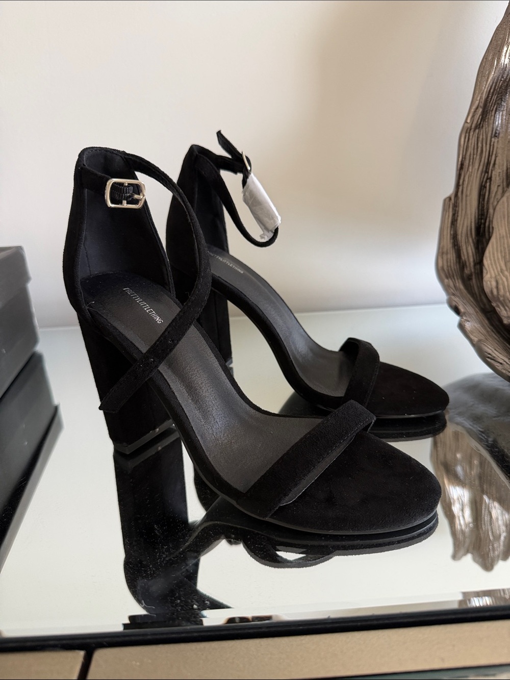 PrettyLittleThing Black Suede Cross-Strap Block Heels